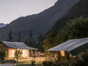 Tented lodges at dusk